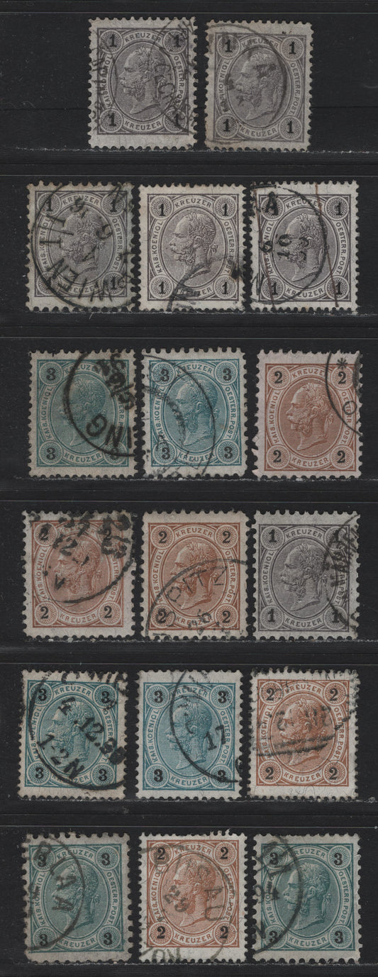Lot 154 Austria (C) Scott#51-53 1kr - 3kr Dark Gray & Black - Blue Green & Black , 1890-1896 Franz Josef Sidefaces Issue, 17 Fine/Very Fine Used Singles, Kreuzer Currency, Various Perfs