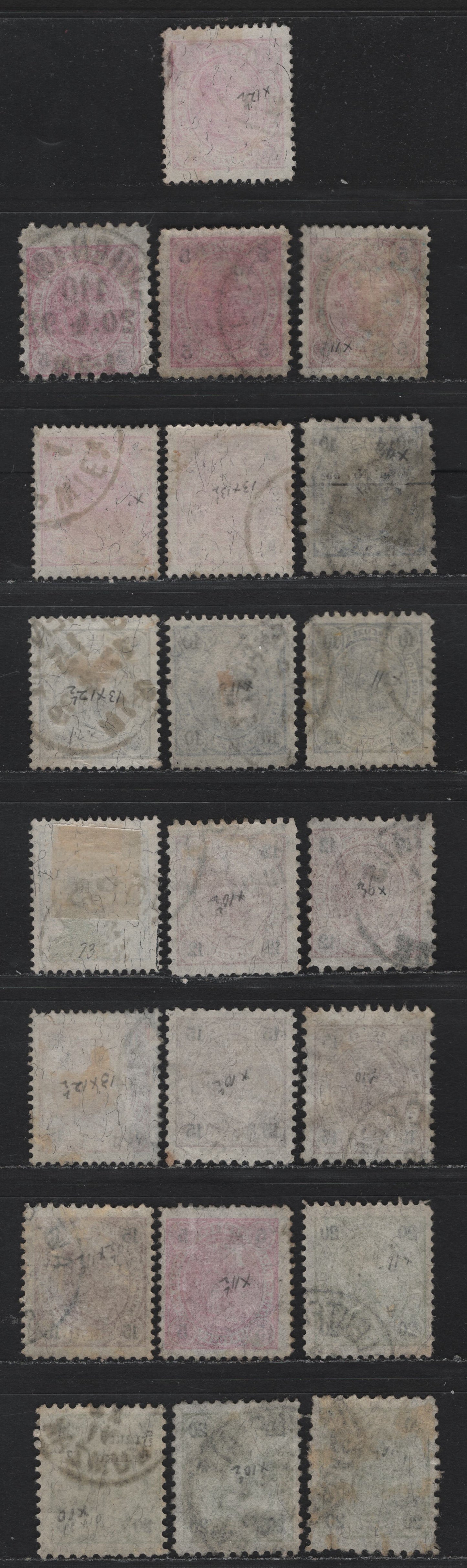 Lot 155 Austria Scott#54-58 5kr - 20kr Rose & Black - Olive Green & Black , 1890-1896 Franz Josef Sidefaces Issue, 22 Very Good/Fine/Very Fine Used Singles, Various Perfs