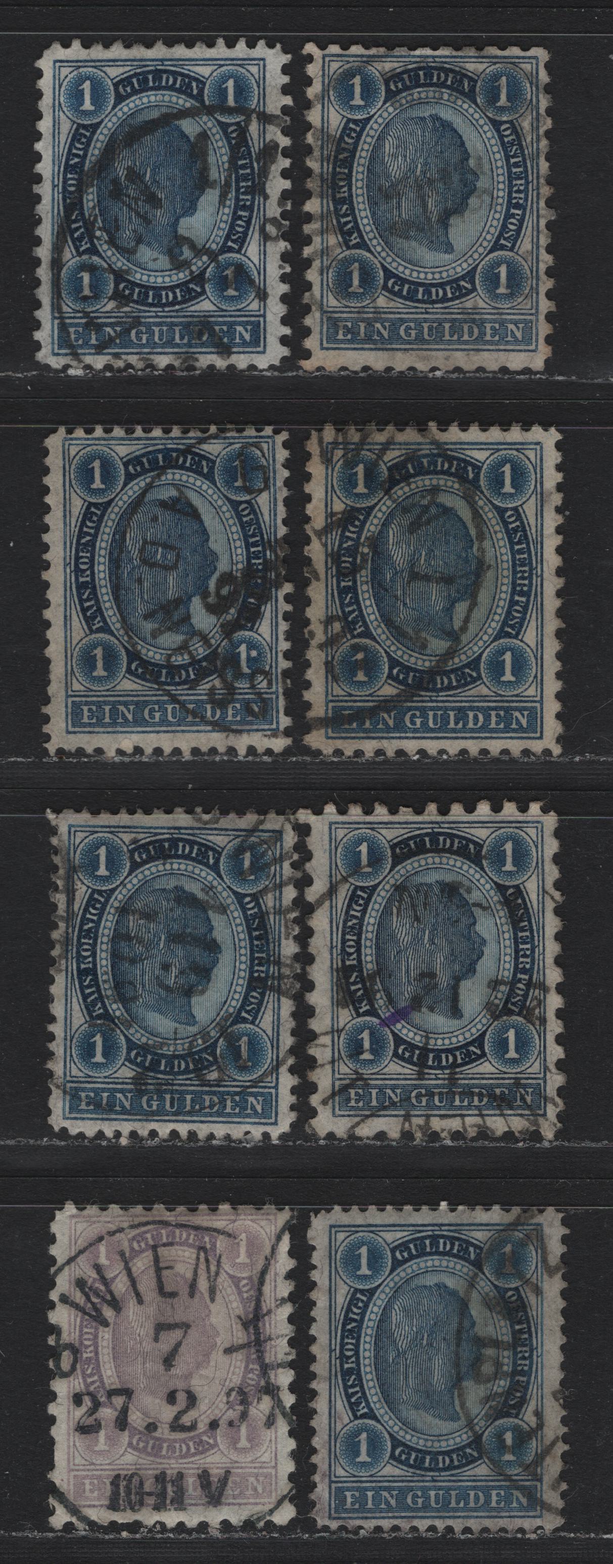 Lot 157 Austria (C) Scott#62-63 1gld Dark Blue - Lilac , 1890-1896 Franz Josef Sidefaces Issue, 8 Fine/Very Fine Used Singles, Perfs 10.5, 11.5, 12.5, 9.5, 12.5x13, 13.25 (Blue) & 10.75 (Lilac)