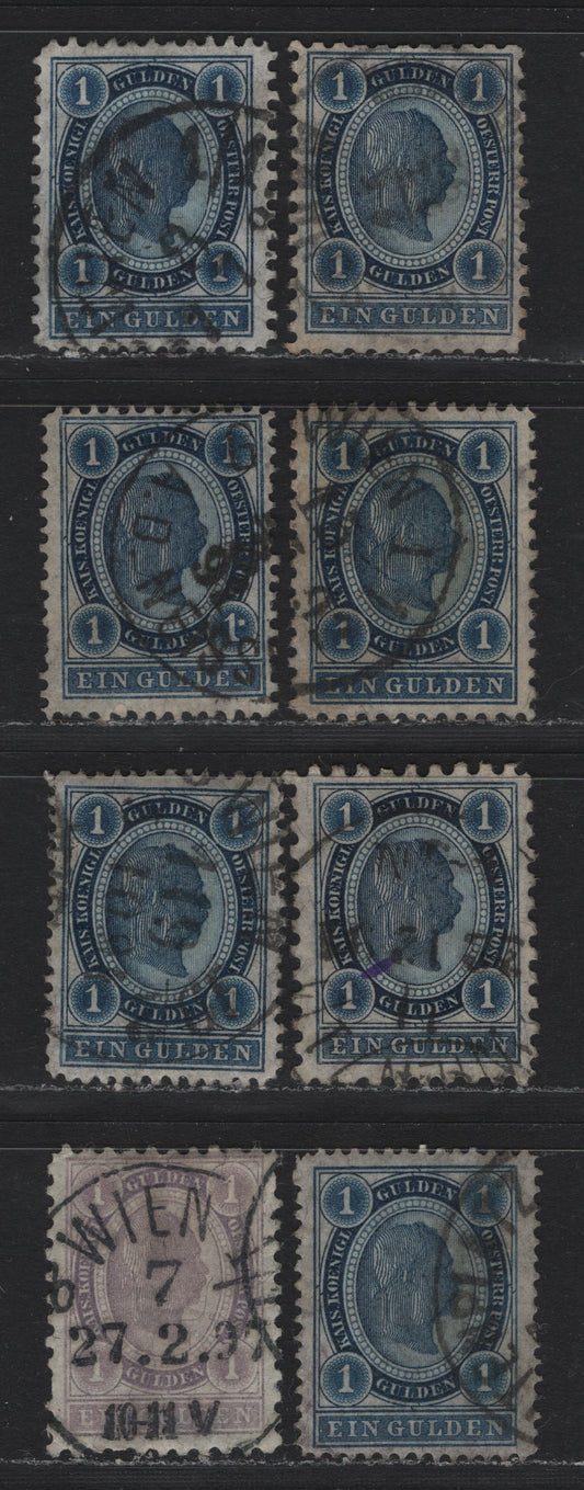 Lot 157 Austria (C) Scott#62-63 1gld Dark Blue - Lilac , 1890-1896 Franz Josef Sidefaces Issue, 8 Fine/Very Fine Used Singles, Perfs 10.5, 11.5, 12.5, 9.5, 12.5x13, 13.25 (Blue) & 10.75 (Lilac)