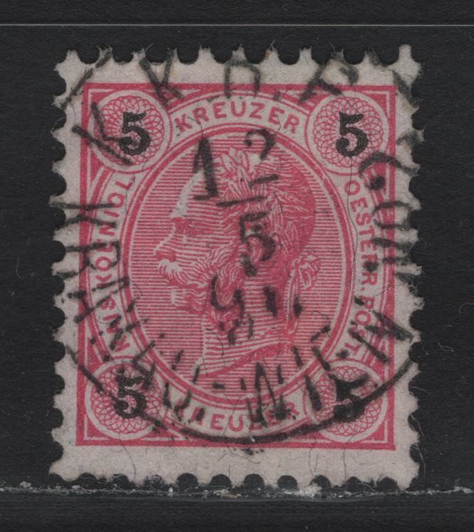 Lot 160 Austria (C) Scott#54 5kr - 20kr Rose & Black , 1890-1896 Franz Josef Sidefaces Issue, A Very Fine Used Single, Perf 10, May 12 1896 Krakowien #2 Railway Cancel