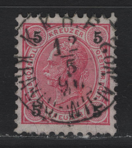 Lot 160 Austria (C) Scott#54 5kr - 20kr Rose & Black , 1890-1896 Franz Josef Sidefaces Issue, A Very Fine Used Single, Perf 10, May 12 1896 Krakowien #2 Railway Cancel