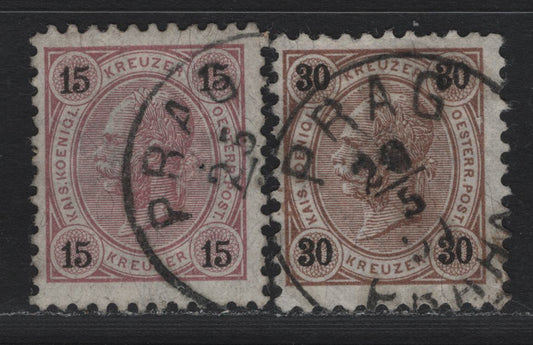Lot 161 Austria Scott#57, 60 15kr - 30kr Lilac & Black - Brown & Black , 1890-1896 Franz Josef Sidefaces Issue, 2 Fine Used Singles, Perf 10.25 & 11, SON Partial Prague Czechoslovakia Cancels