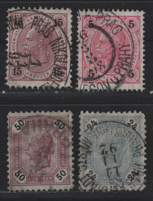 Lot 162 Austria Scott#54, 57, 67, 69 5kr - 50kr Rose & Black - Violet , 1890-1896 Franz Josef Sidefaces Issue, 4 Fine/Very Fine Used Singles, Perfs 13x13.25 (5k), Perf 11.5 (15kr), 11.75 (24kr) & 11.5 (50kr), Various Prague Cancels