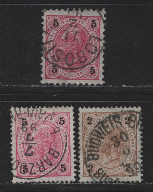 Lot 163 Austria Scott#52, 54 2kr - 5kr Brown - Rose & Black , 1890-1896 Franz Josef Sidefaces Issue, 3 Very Fine Used Singles, Perfs 13x12.75 & 12.75, June 30 1899 Budwens & July 7 1899 Barzdo CDS & Lobositz Cancels