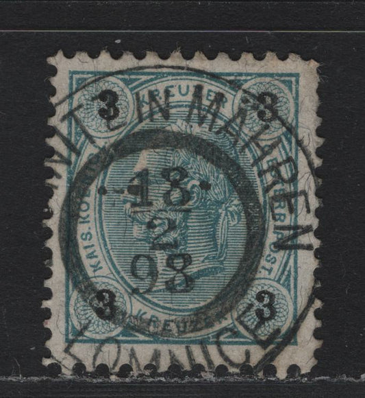 Lot 164 Austria Scott#53var (Michel# 60IIL) 3kr Blue Green , 1890-1896 Franz Josef Sidefaces Issue, A Very Fine Used Single, Perfs 10.5x12.5, SON February 13 1893 Lomnitz In Mahren Lomnice Cancel