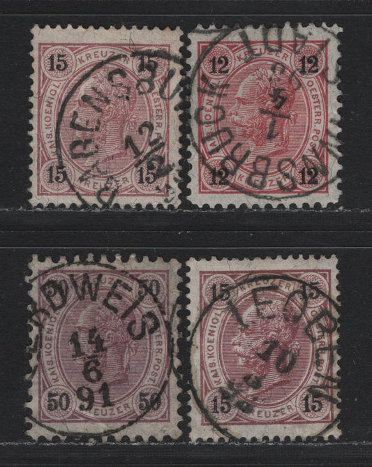 Lot 165 Austria Scott#56-57 12kr - 15kr Claret - Lilac , 1890-1896 Franz Josef Sidefaces Issue, 4 Fine/Very Fine Used Singles, Perfs 11/5x11/25. 13/25x12/75, 13x13.25 & 10.5, SON Innsbruck, Badensburg, Erdweis & Leoben CDS Cancels