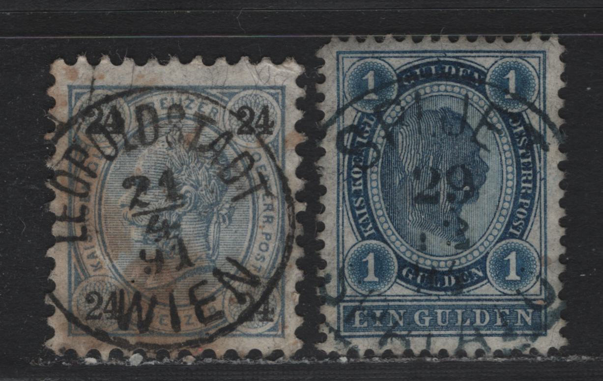 Lot 166 Austria Scott#59, 62 24kr - 1gld Gray Blue - Dark Blue , 1890-1896 Franz Josef Sidefaces Issue, 2 Very Fine Used Singles, Perfs 10 & 12.5, SON Leopoldstadt, Wien Cancel Dated April 21 1891 & December 29 1893 Spljet/Spalato Cancel Of Dalmatia
