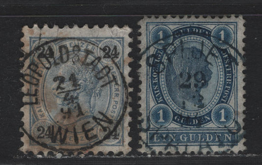 Lot 166 Austria Scott#59, 62 24kr - 1gld Gray Blue - Dark Blue , 1890-1896 Franz Josef Sidefaces Issue, 2 Very Fine Used Singles, Perfs 10 & 12.5, SON Leopoldstadt, Wien Cancel Dated April 21 1891 & December 29 1893 Spljet/Spalato Cancel Of Dalmatia