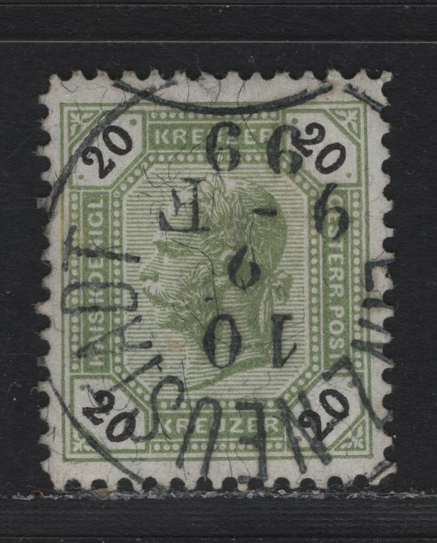 Lot 167 Austria Scott#66 20kr - 50kr Olive Green & Black , 1890-1896 Franz Josef Sidefaces Issue, A Very Fine Used Single, Perf 12.5, SON Feb 10 1899 Linz-Neustadt CDS Cancel