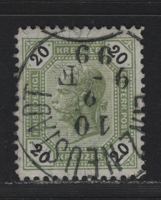 Lot 167 Austria Scott#66 20kr - 50kr Olive Green & Black , 1890-1896 Franz Josef Sidefaces Issue, A Very Fine Used Single, Perf 12.5, SON Feb 10 1899 Linz-Neustadt CDS Cancel