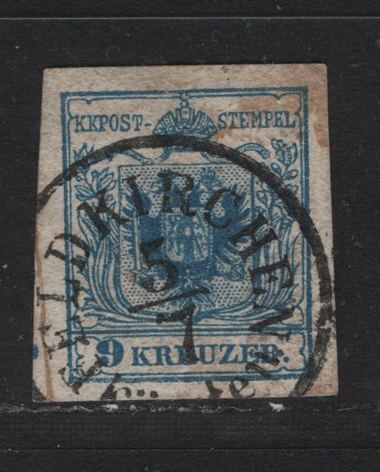Lot 170 Austria Scott#5g 9kr Deep Blue , 1854 Arms Issue, A Very Fine used Single, SON Feldkirchen Cancel Dated July 5th (1850,51,52 or 83) Feldkirchen is In Corinthia (Austria)