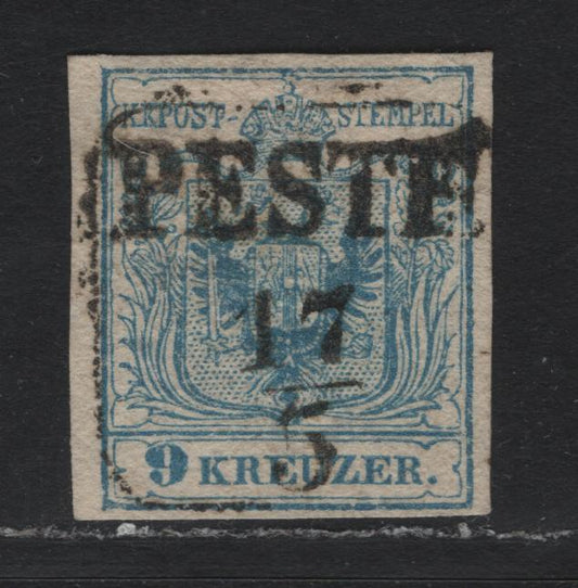 Lot 172 Austria Scott#5g 9kr Blue , 1854 Arms Issue, A Fine Used Single, Handmade Paper, Type III With 4 Close But Clear Margins With May 17 1851,52 or 53, Pestia Cancel.