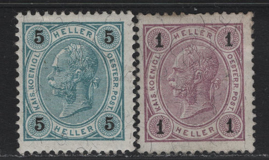 Lot 180 Austria Scott#70, 73 1h - 5h Lilac & Black - Blue Green & Black , 1899 Franz Joseph Sideface Issue, 2 VFOG Singles, Perf 13.25 & 13x12.5, Heller Currency