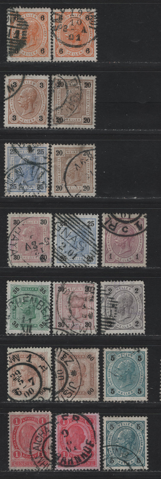 Lot 184 Austria (C) Scott#70-74, 76-79, 82-83 1h - 1kr Lilac - Carmine , 1899 Franz Joseph Sideface Issue, 18 Fine/Very Fine Used Singles, Various Perfs