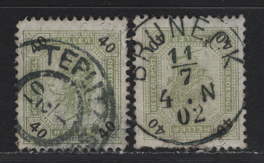 Lot 189 Austria Scott#80 40h Olive Green & Black , 1899 Franz Joseph Sideface Issue, 2 Very Good/Fine Used Singles, Perf 13x12.5 & 12.5, July 11 1902 Bruneck CDS & Feb 1 1901 Teplitz Cancels