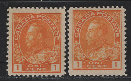 Lot 19 Canada (C) #105, 105i 1c Orange Yellow - Yellow , 1911-1925 Admiral Issue, 2 FNH Singles, ABN-E & ABN-B Papers, Perfs 12x11.9 & 12, Both Die 1 Wet Printings With Retouched Frameline.