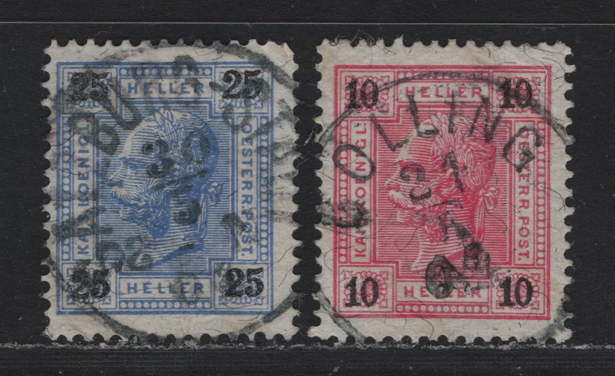 Lot 198 Austria Scott#75a, 77a 10h - 25h Rose & Black - Ultramarine & Black , 1901 Franz Josef Sideface First Issue, 2 Fine/Very Fine Used Singles, Perf 13x13.25 With Varnish Bars, SON Salzburg & Gulling CDS Cancels