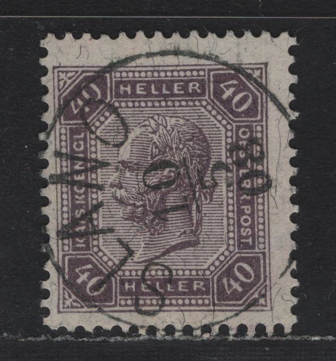 Lot 202 Austria Scott#102 40h Deep Violet , 1905-1907 Franz Josepf Second Issue, A Fine Used Single, Perf 13x12.5, SON Slano, Dalmatia Cancel, Dated May 10 1908.
