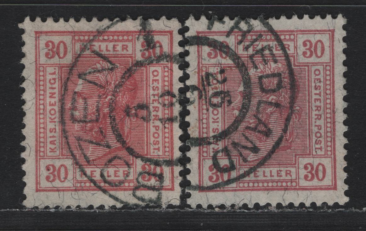Lot 203 Austria Scott#96 30h Red Violet , 1905-1907 Franz Josepf Second Issue, 2 Very Fine used Singles, Perf 13x12.5, Partial Friedland & Bozen, Southern Tyrol CDS Cancels