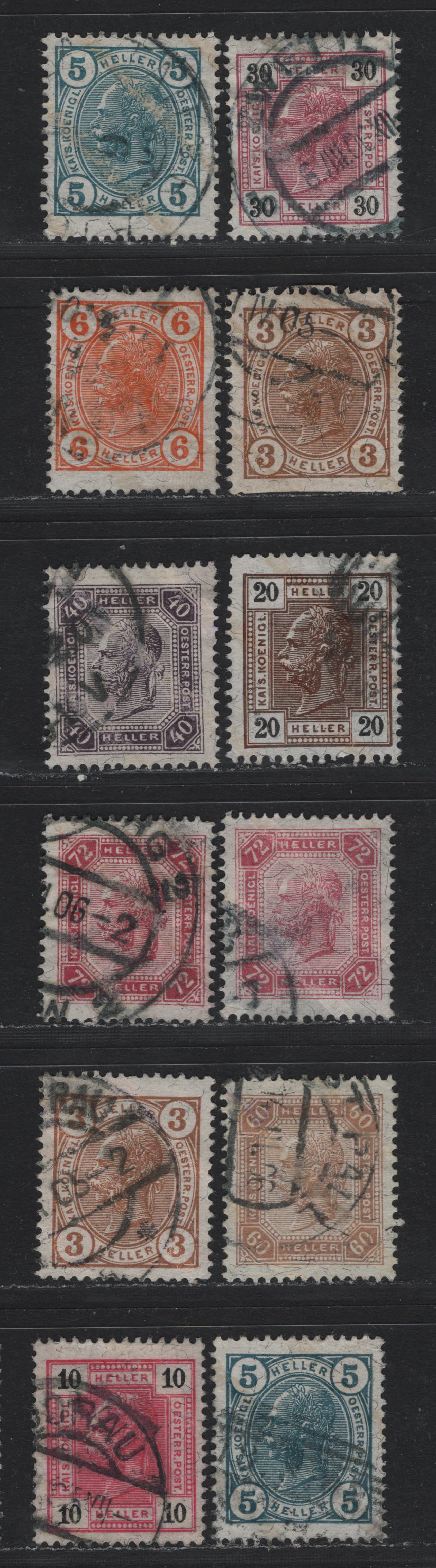 Lot 205 Austria (C) Scott#88a, 89a-b, 91a, 97a-98a, 100a, 102a, 104b, 105a, 3h - 72h Brown - Rose , 1904 Franz Josef Issue, 12 Fine/Very Fine Used Singles, Almost All Perf 13x13.5, Except 5h & 60h perf 13x12.5 & 3g, 5g, 10h & 30h Perf 13x13.25