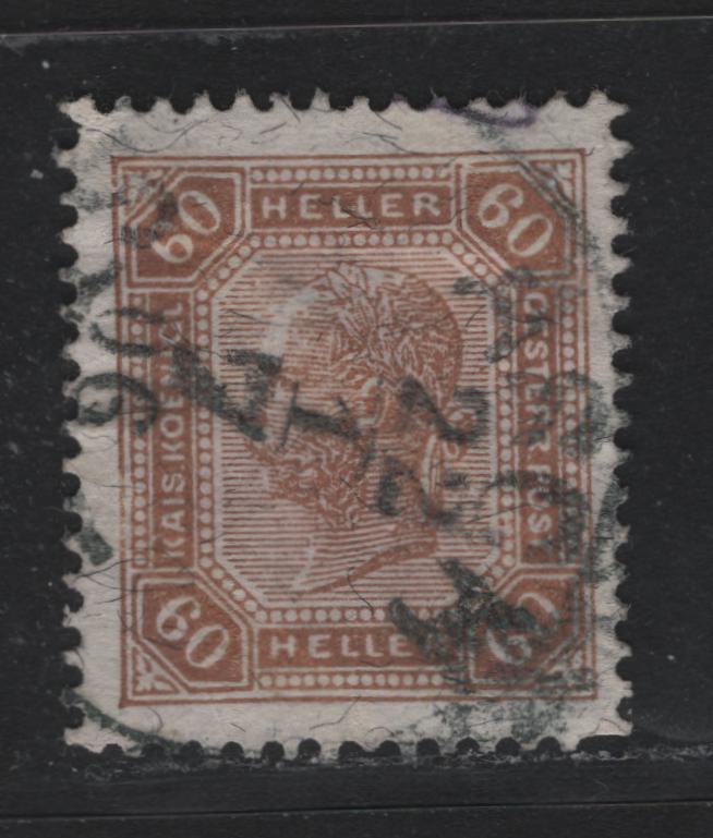 Lot 206 Austria Scott#104a 60h Brown , 1904 Franz Josef Issue, A Fine Used Single, Perf 13x13.5, Cancelled With January 22 1906 Asch Cancel