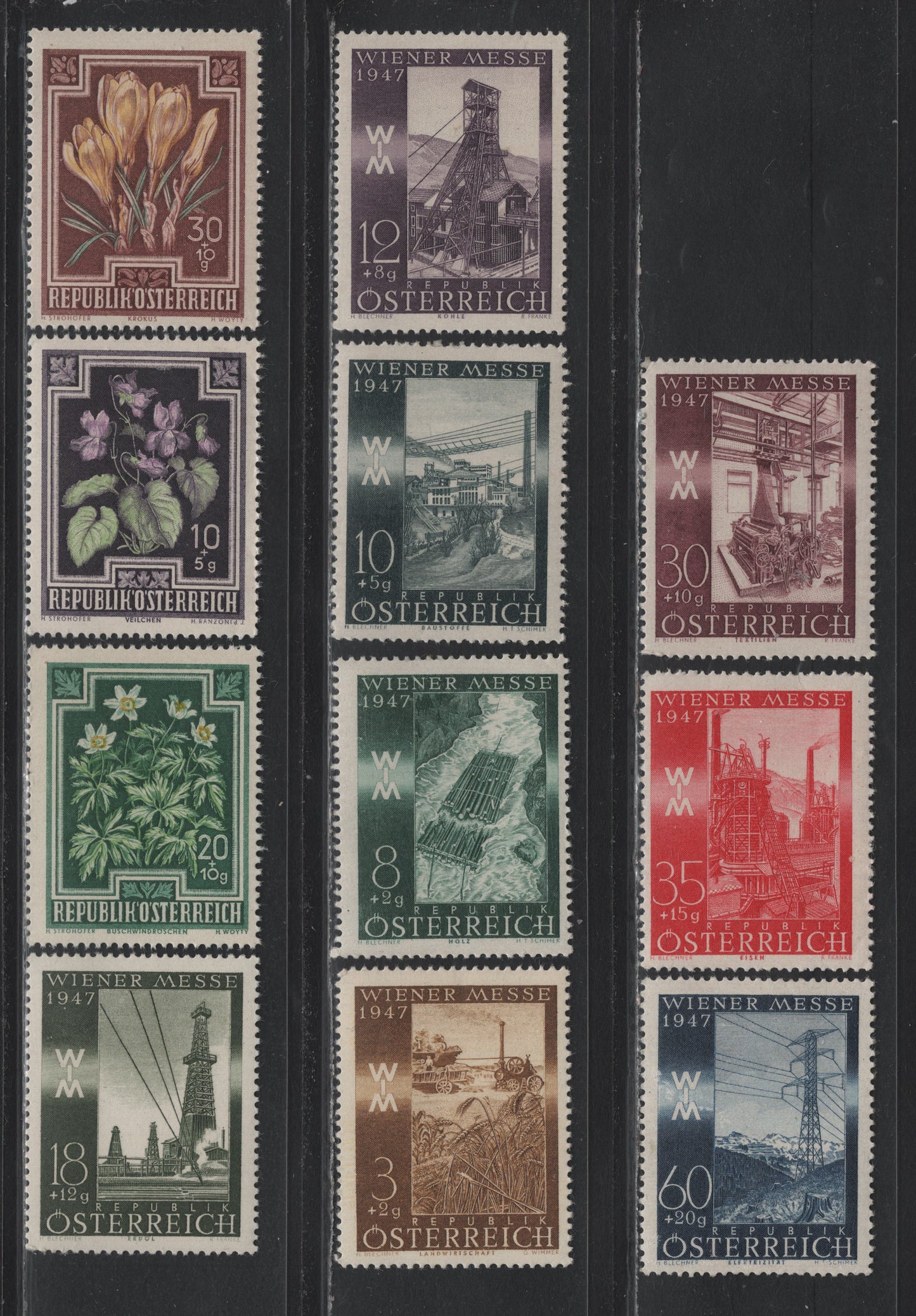 Lot 209 Austria Scott#B199-B206, B235-B237 3g+2g - 30g+10g Yellow Brown - Multicolored , 1947 Vienna International Sample Fair Semi Postal - Flower Semi Postal Issues, 11 F/VFOG/NH Singles, B235-B237 Are NH