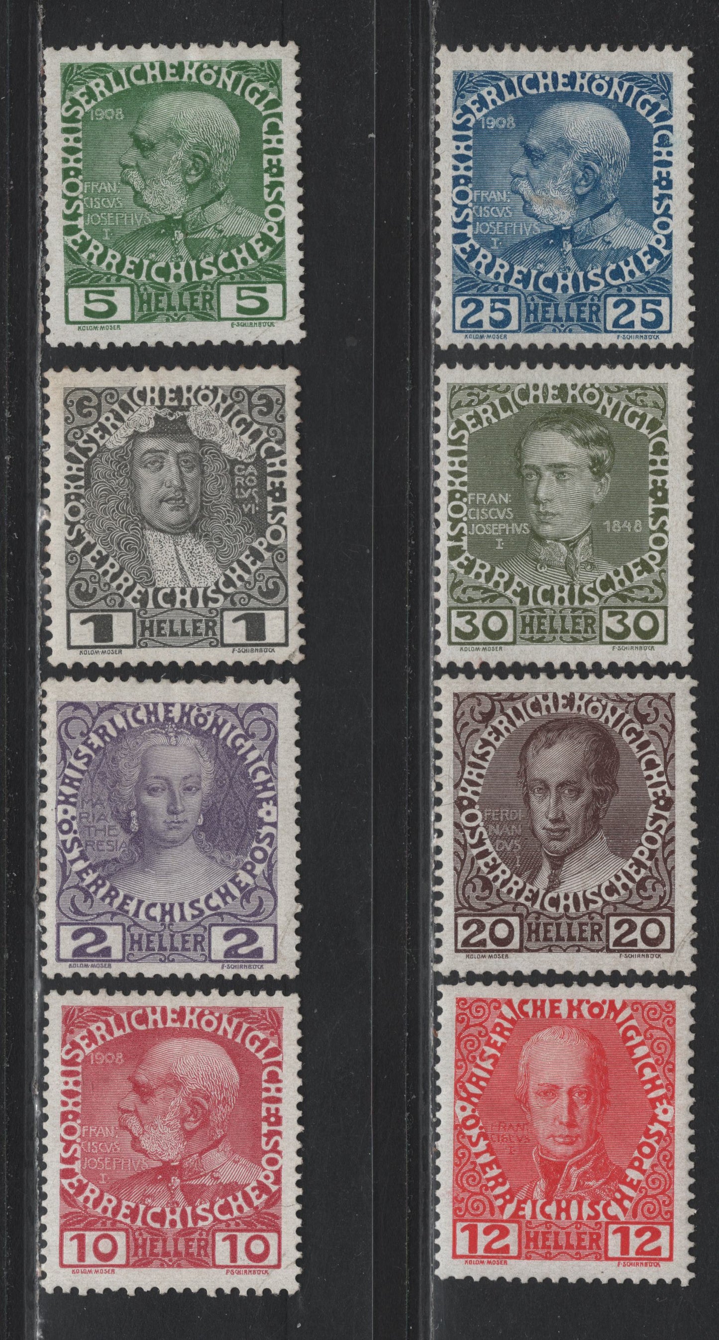 Lot 211 Austria Scott#110a-111a, 113b, 115b, 116a-119a 1h - 30h Gray Black - Olive Green , 1908 Royal Family Issue, 8 FVFOG Singles, Chalky Paper