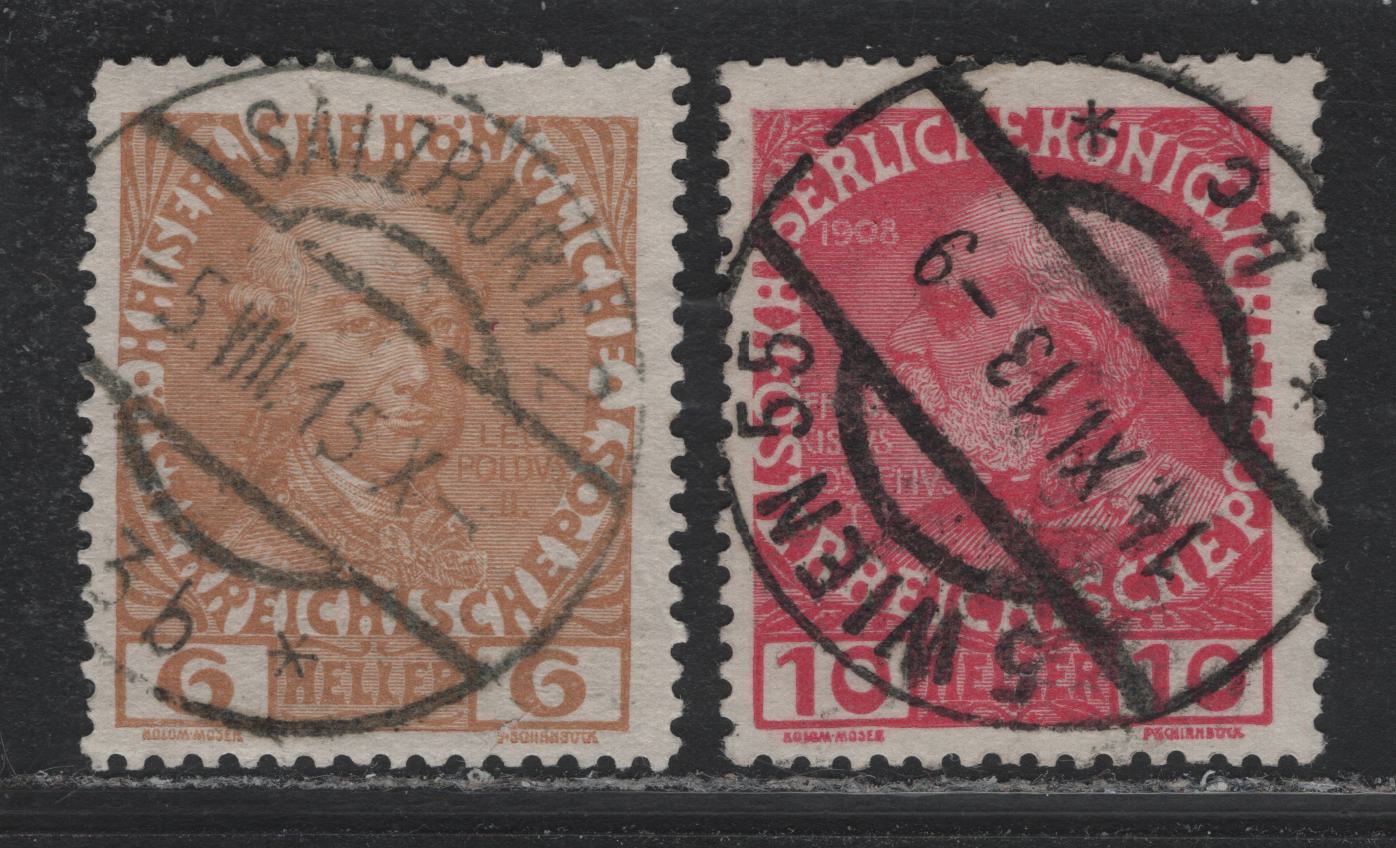 Lot 212 Austria Scott#114-115 6h - 10h Orange Brown - Rose , 1908-1916 Royal Family Issue, 2 Very Fine Used Singles, Uncoated Paper, SON August 5 1915 Salzburg & Nov 14 1913 Vienna CDS Cancels