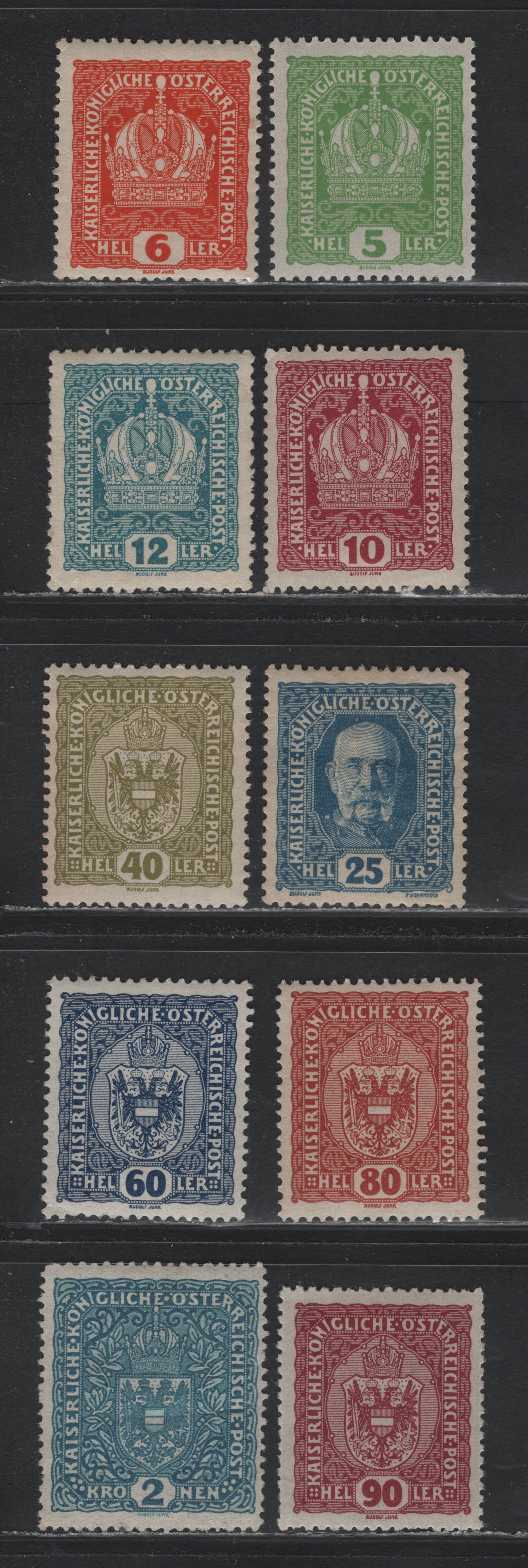 Lot 215 Austria Scott#146-149, 152, 154, 156-157, 164a 5h -2k Light Green - Light Blue , 1916-1918 Crown, Arms & Franz Josef Issue, 10 VFOG/NH Singles, 6h-12h Are NH