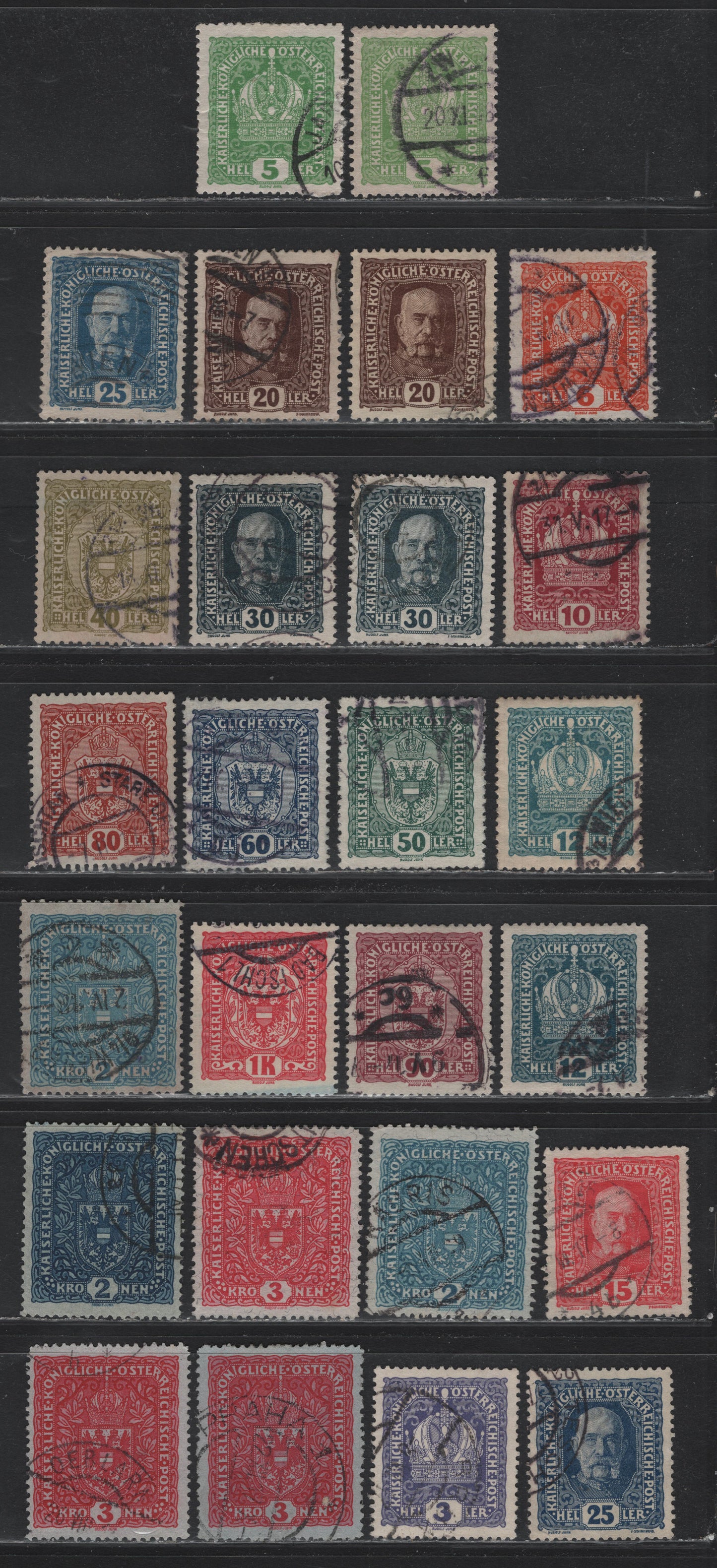 Lot 216 Austria Scott#145-160, 164-a, 165, 173 3h - 3k Violet - Carmine Rose , 1916-1918 Crown, Arms & Franz Josef Issue, 26 Fine/Very Fine Used Singles, Includes Extra Shades Of 5h, 12h, 20h, 25h, 30h & Both Types 1 & 2 Of 2k Light Blue