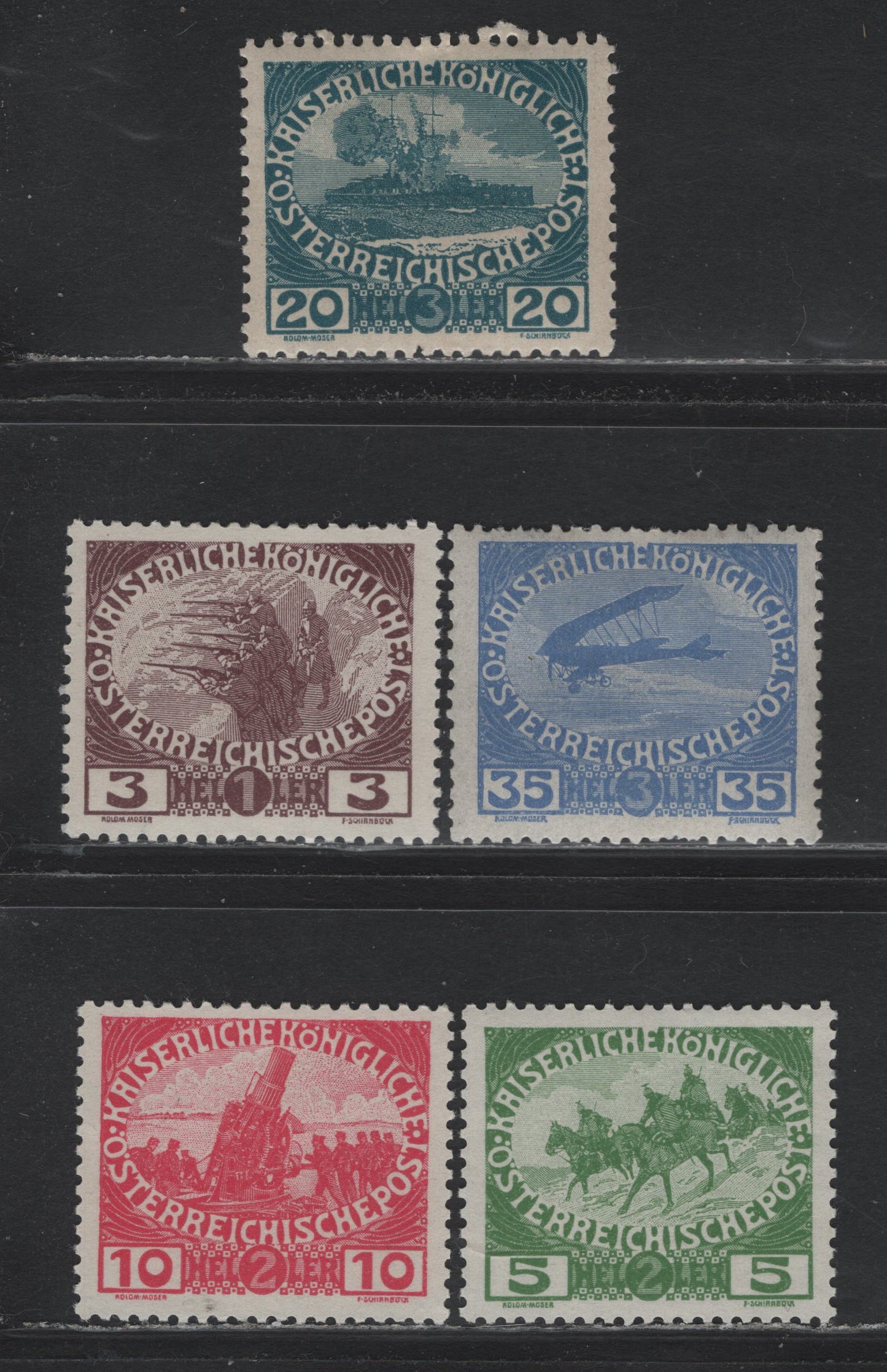 Lot 221 Austria Scott#B3-B7 3h+1h - 35h+3h Violet Brown - Ultramarine , 1915 Semi Postal Issue, 5 VG/F/VFNH/OG Singles, B3-B5 Are NH, B7 Has Several Short Perfs