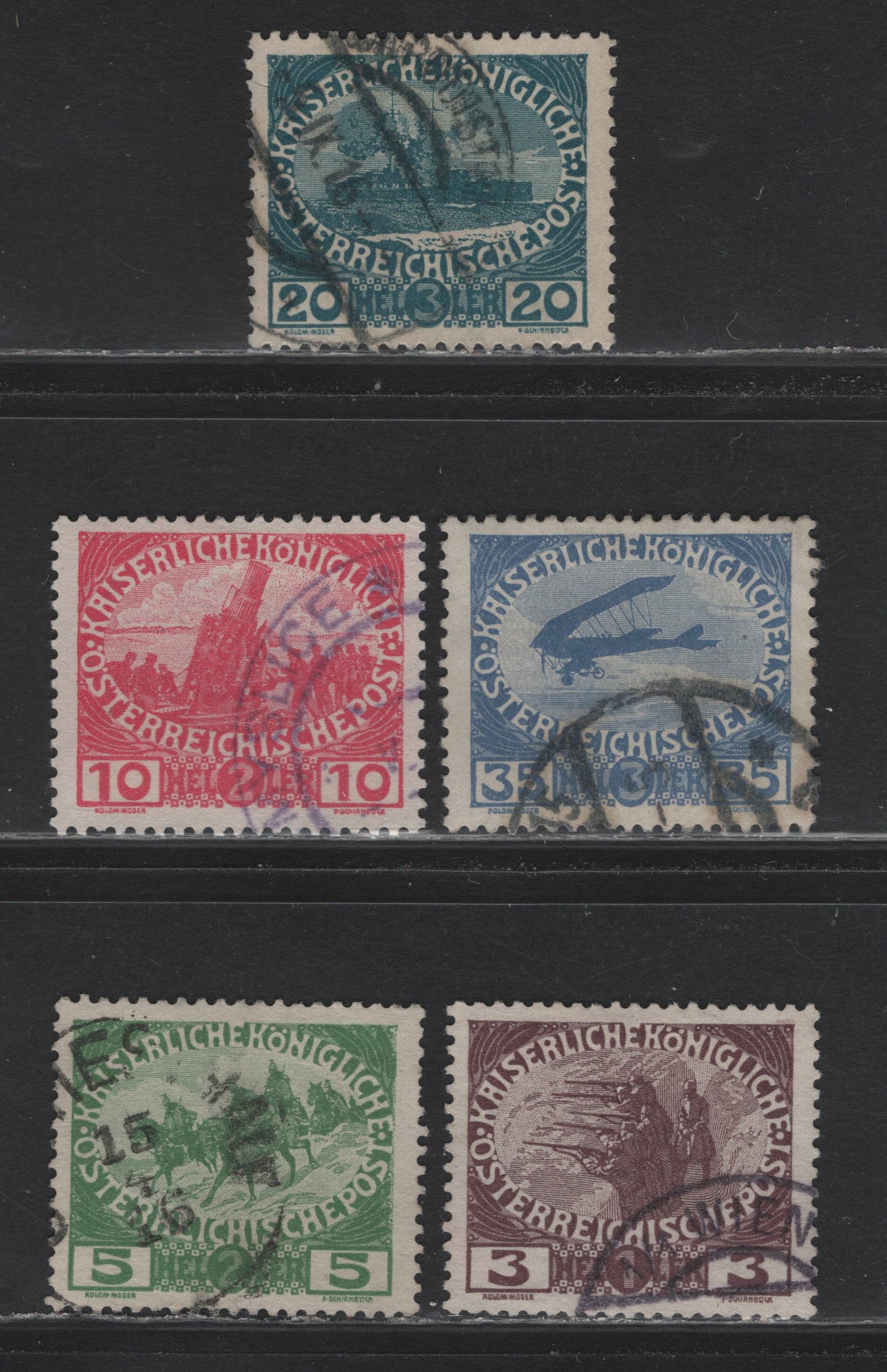 Lot 222 Austria Scott#B3-B7 3h+1h - 35h+3h Violet Brown - Ultramarine , 1915 Semi Postal Issue, 5 Fine/Very Fine Used Singles, As Lot 221, But Used