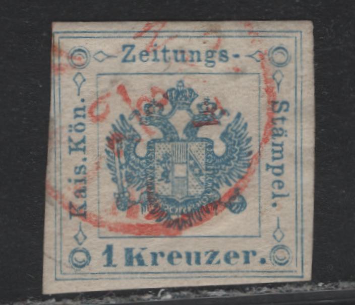 Lot 231 Austria Scott#PR5a 1kr Pale Ultramarine , 1877 Newspaper Tax Issue, A Fine Used Single, Scarce Red Handstamped Cancel