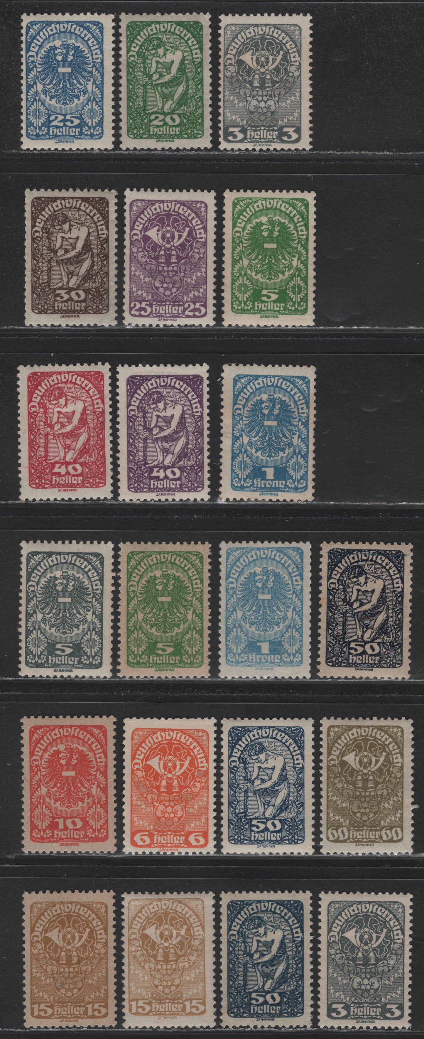 Lot 233 Austria Scott#200-201, 203-212, 200a, 202a, 205a, 207a, 215-216, 218 3h - 1k Gray - Light Blue , 1918-1920 Posthorn, Arms & Allegory Issue, 21 F/VFOG Singles, Grayish Paper, P10h & 15h Plus Unlisted Shades of 50h Dark Blue & 1k Light Blue