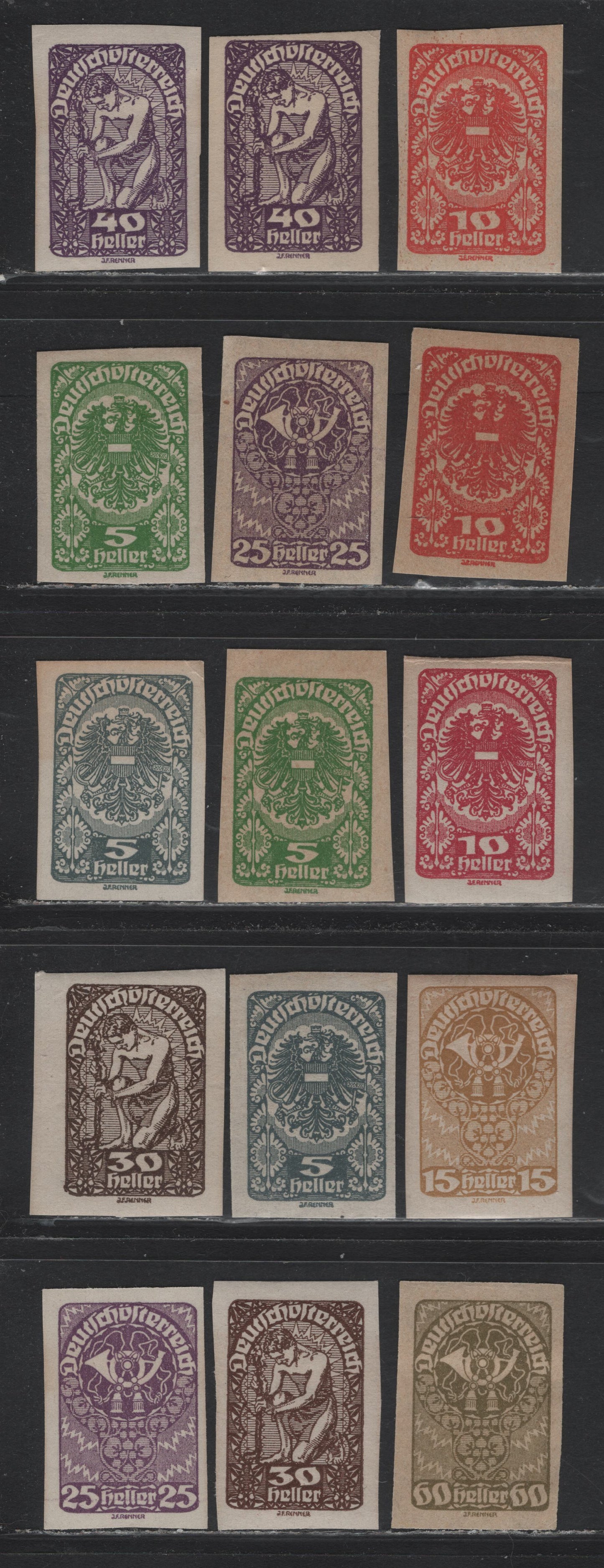 Lot 235 Austria Scott#227-235 5h - 60h Yellow Green - Olive Green , 1920 Imperf Posthorn, Arms & Allegory Issue, 15 VFOG Singles, Shade & Paper Varieties Of Most Values