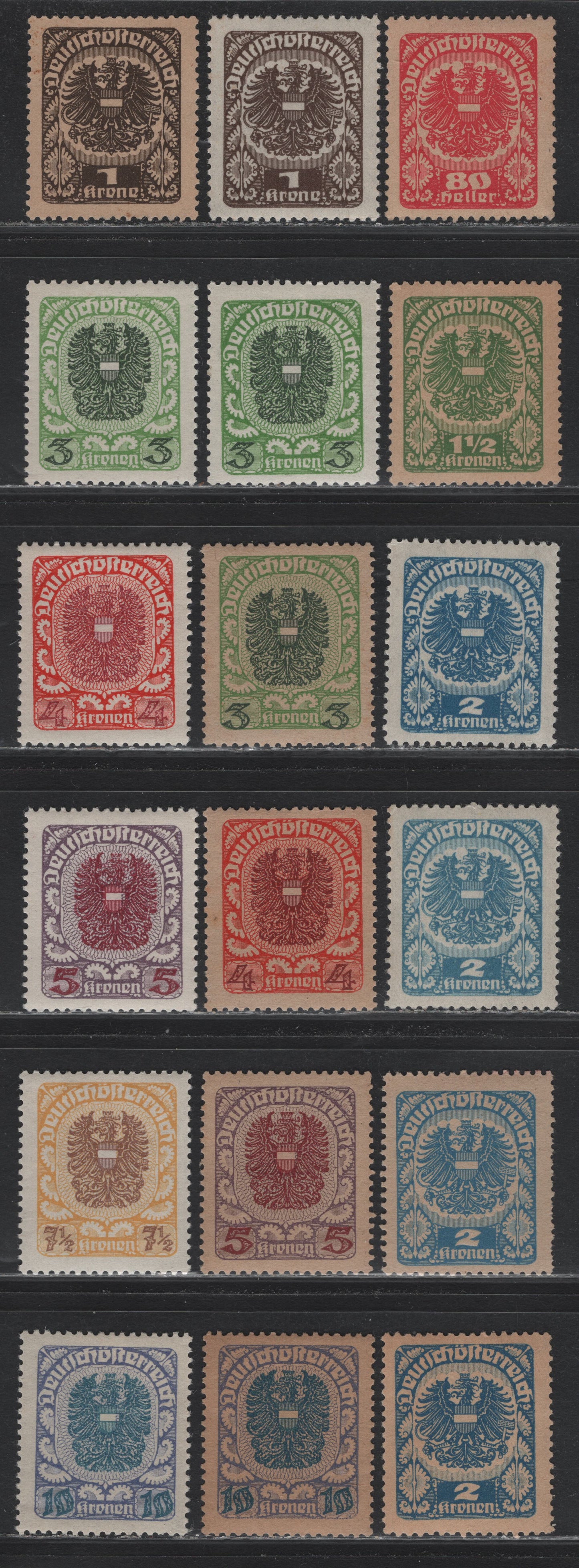 Lot 236 Austria Scott#238a, 239/247, 239a-245a 80h - 10k Rose - Ultramarine & Blue , 1920-1921 Arms Issue, 18 F/VFOG/NH Singles, 1k Brown, 2k Light Blue, 3k On Grayish Paper, 4k on Grayish, 10k Ultra & Blue On Grayish Paper Are NH