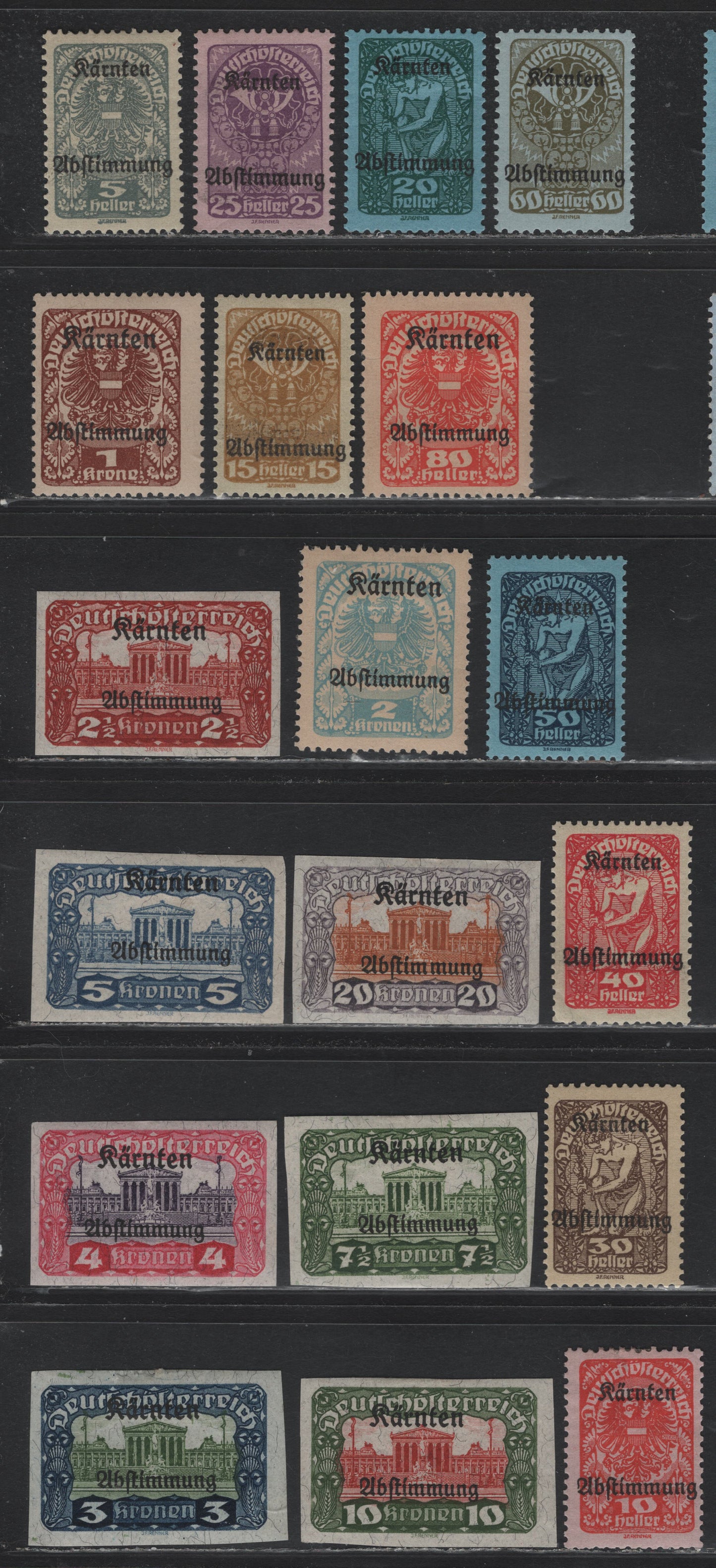 Lot 237 Austria Scott#B11-B29 5h - 20k Gray on Yellow - Lilac & Orange , 1929 Carinthia Plebiscite Issue, 19 F/VFOG Singles