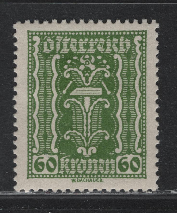 Lot 253 Austria Scott#265var 60k Yellow Green , 1922-1924 Symbols of Agriculture Hyperinflation Issue, A VFOG Single, Scarce Compound Line Perf 12.5x12.75 Instead Of 12.5