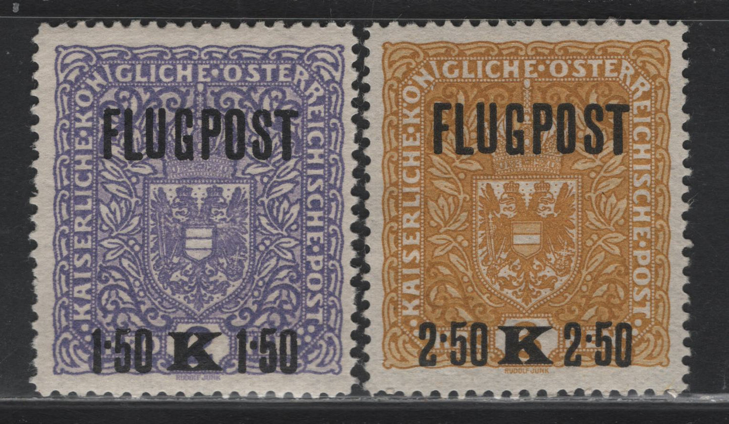 Lot 255 Austria Scott#C1-C2 1.5k on 2k - 2.5k on 3k Lilac - Ochre , 1918 Airmail Issue, 2 F/VFOG Singles, Perf 12.5x12.75 & 12.5