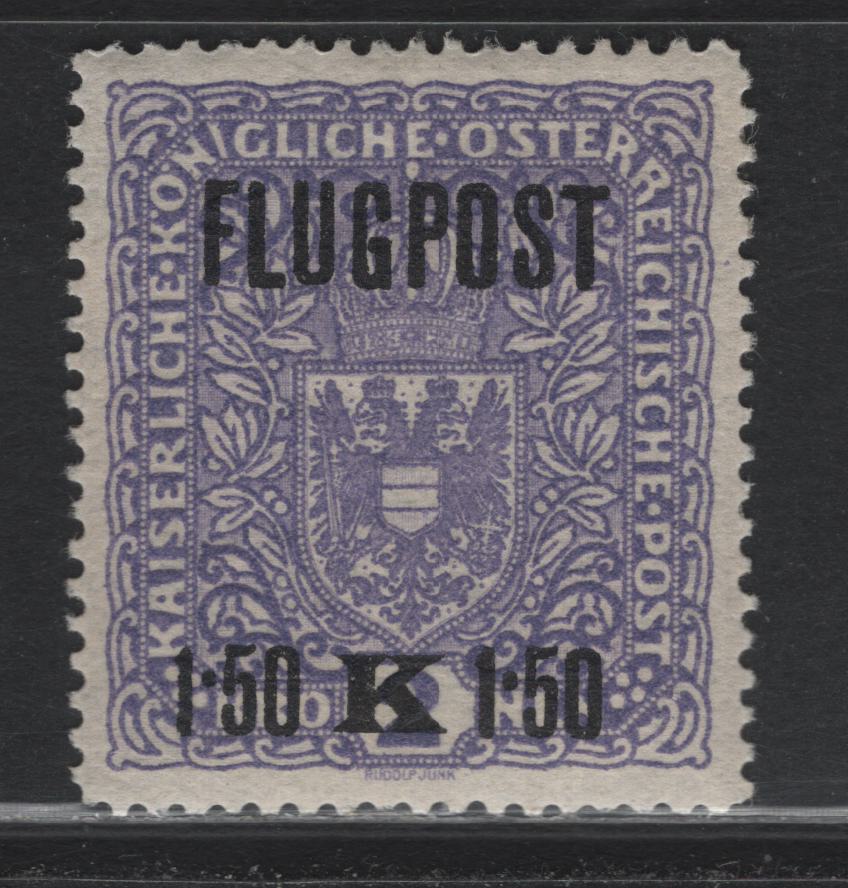 Lot 256 Austria Scott#C1var 1.50k on 2k Lilac - Ochre , 1918 Airmail Issue, A VFOG Single, Dry Printing, Perf 12.5 Instead Of 12.5x12.75