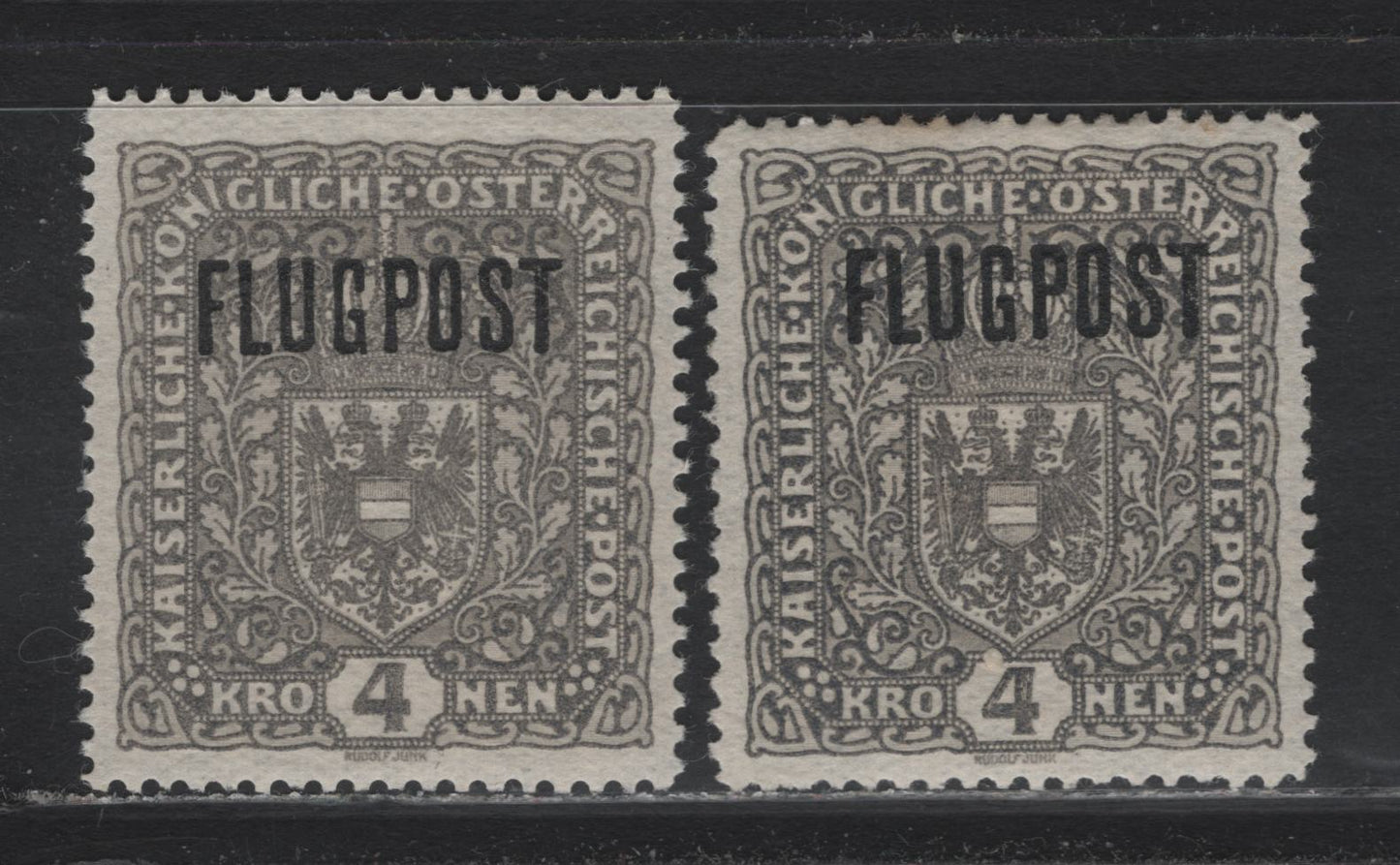 Lot 258 Austria Scott#C3a 4k Gray , 1918 Airmail Issue, 2 VFOG Singles, Two Shades Of Gray, Dry Printing