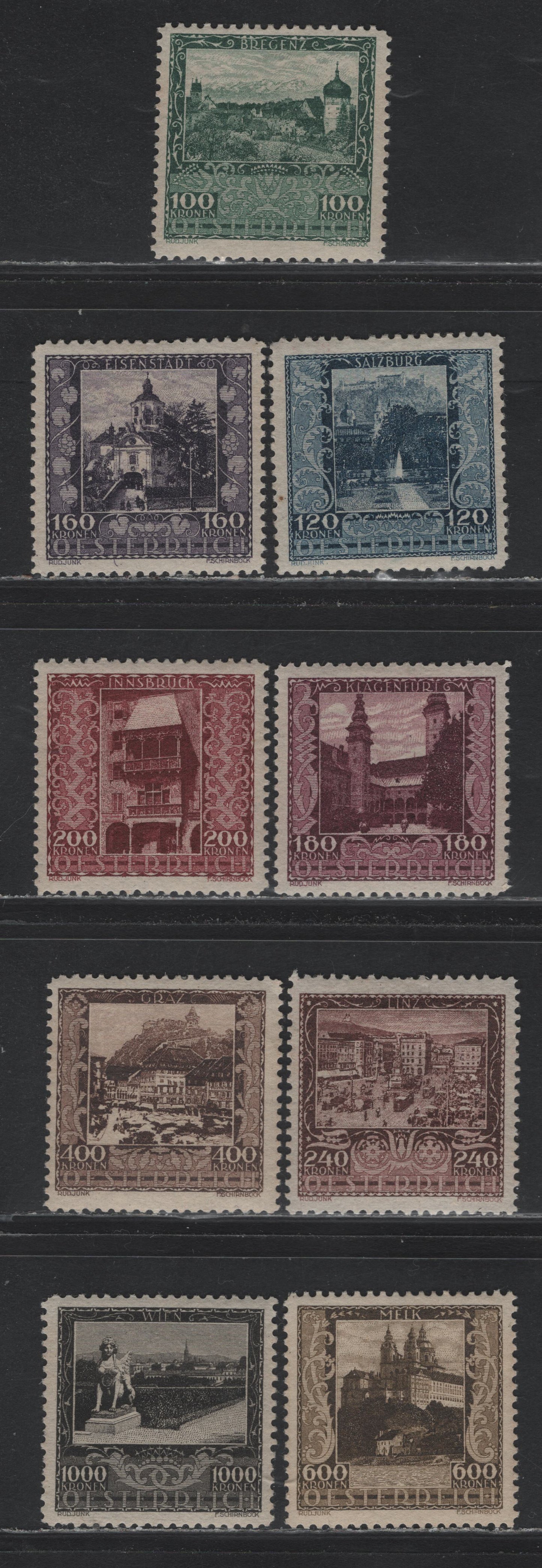 Lot 261 Austria Scott#B57-B65 100k - 1000k Dark Green - Black , 1923 Scenic Views Semi Postal Issue, 9 VFOG Singles