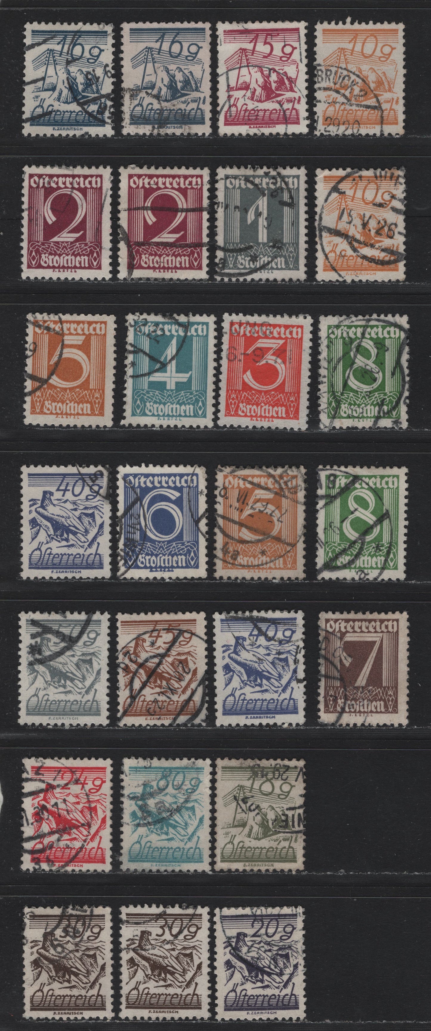 Lot 264 Austria (C) Scott#303-322 1g - 80g Dark Gray - Turquoise Blue , 1925-1932 First Shilling Issue, 26 Fine/Very Fine Used Singles, Shade Varieties On Many Values