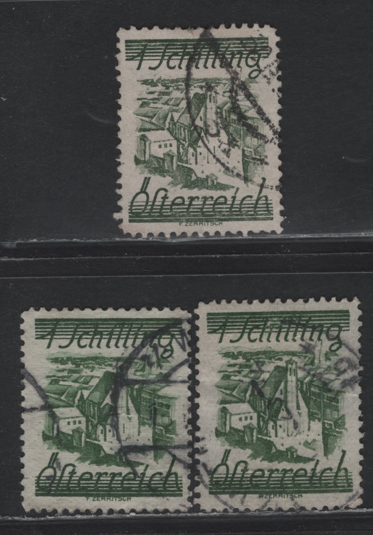 Lot 265 Austria Scott#323, 323a 1s Deep Green - Green , 1925-1932 First Shilling Issue, 3 Fine/Very Fine Used Singles, Line Perf 12.5 (Deep Green) & 12.75 (Green), Horizontal & Vertical Wove Paper, Small Corner Crease On the Vertical Wove Paper.