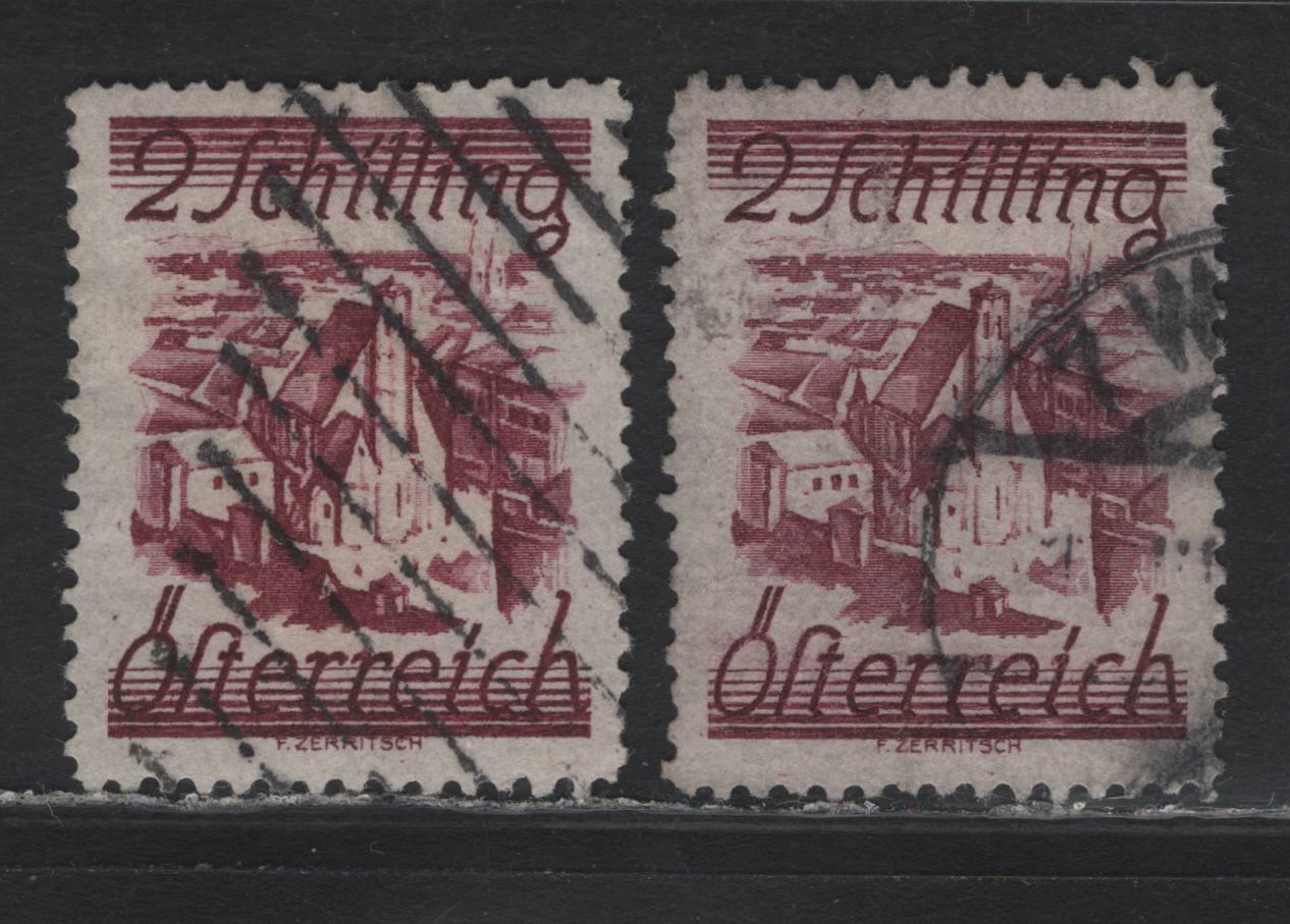 Lot 266 Austria Scott#324 2s Brown Rose , 1925-1932 First Shilling Issue, 2 Fine/Very Fine Used Singles, Perf 12.75, Vertical Wove Paper, 2 Shades, Small Wrinkle On Deeper Shade.