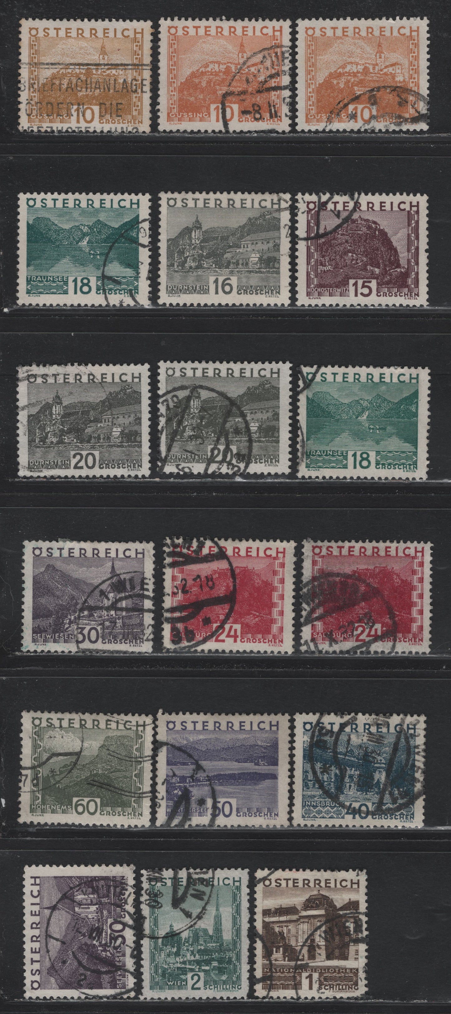 Lot 268 Austria Scott#326-339 10g + 2s Brown Orange - Blue Green , 1929-1930 Large Format Pictorial Issue, 18 Very Fine Used Singles, Several Shade Variations On Most Values