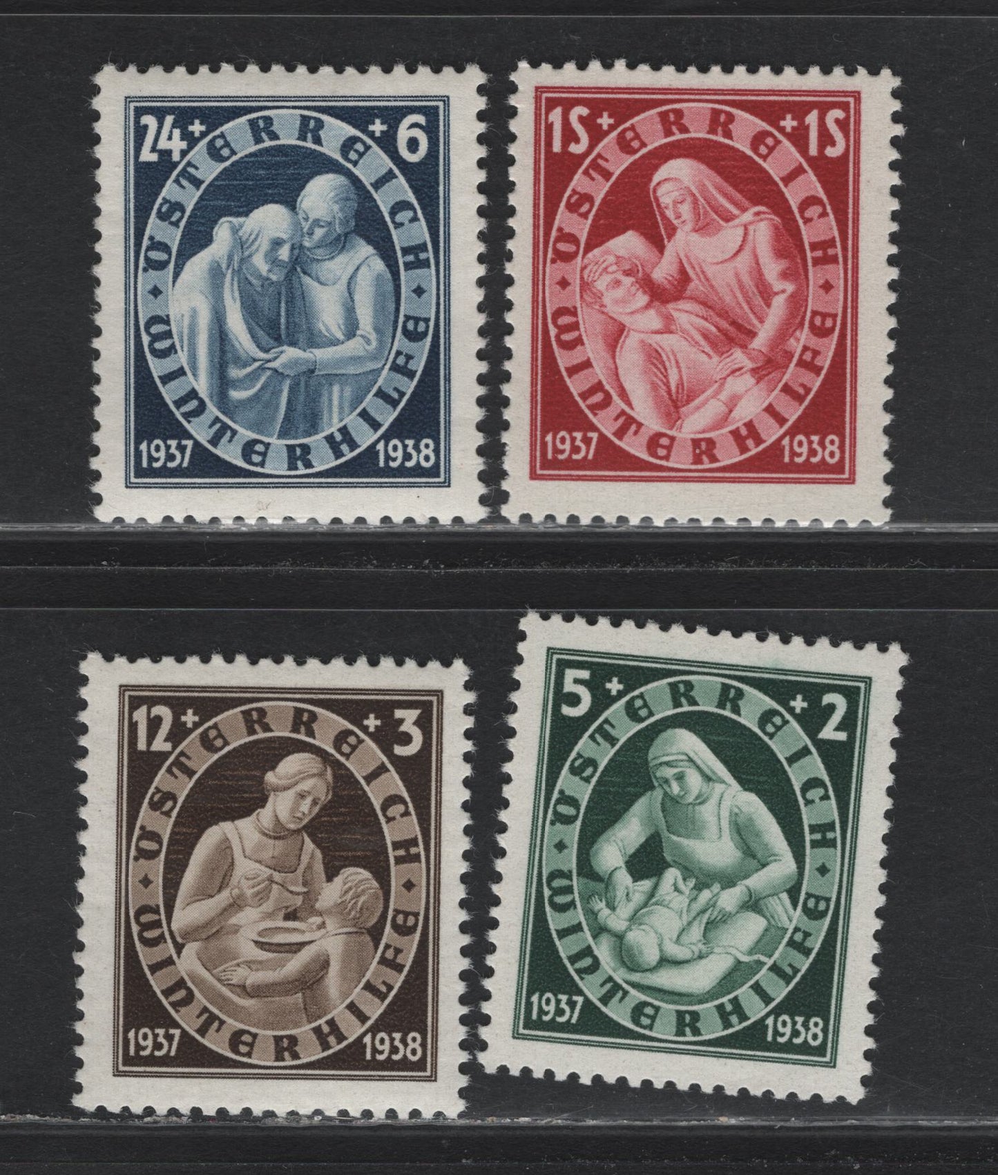 Lot 283 Austria Scott#B152-B155 5g+2g - 1s+1s Dark Green - Dark Carmine , 1937 Winterhelp Issue, 4 VFNH Singles