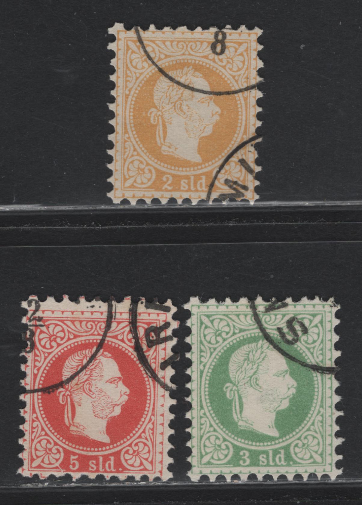 Lot 285 Austria Scott#7C-E 2sld - 5sld Yellow - Red , 1875-1883 Franz Josef Issue, 3 Fine/Very Fine Used Singles, Cancels Look Fake - Too Dark