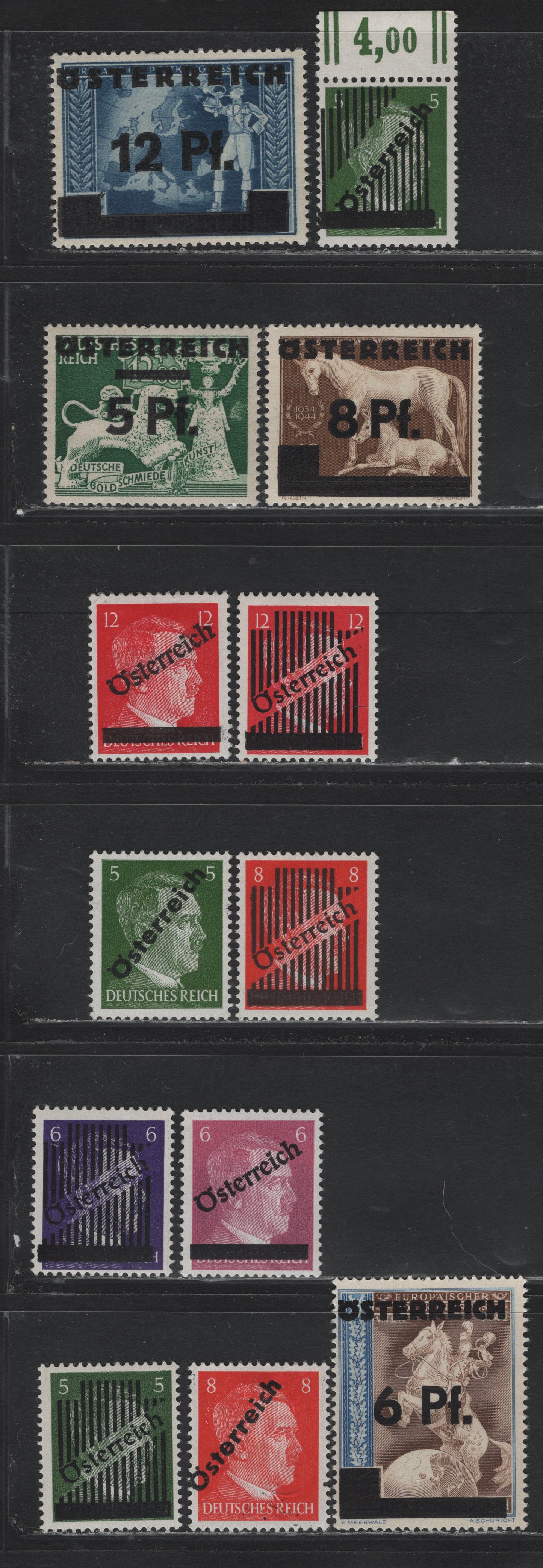 Lot 289 Austria (C) Scott#390-402 5pf - 12pf Deep Yellow Green - Carmine , 1945 Overprinted Semi Postals - Hitler Heads Issues, 13 F/VFNH/OG Singles, All NH Except 390-394